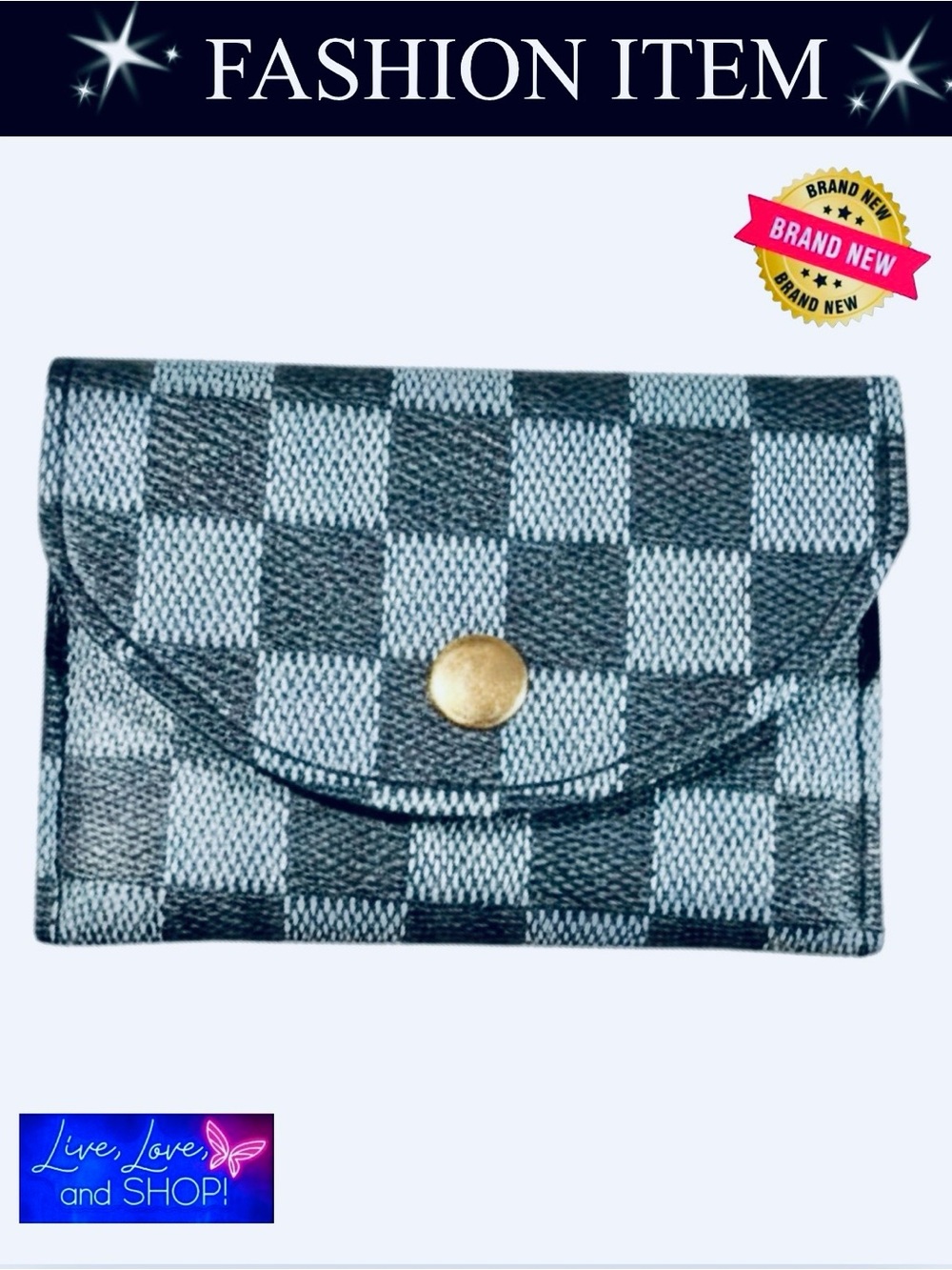 COIN PURSE: Light & Dark Blue Checkerboard Snap Wallet, NWOT